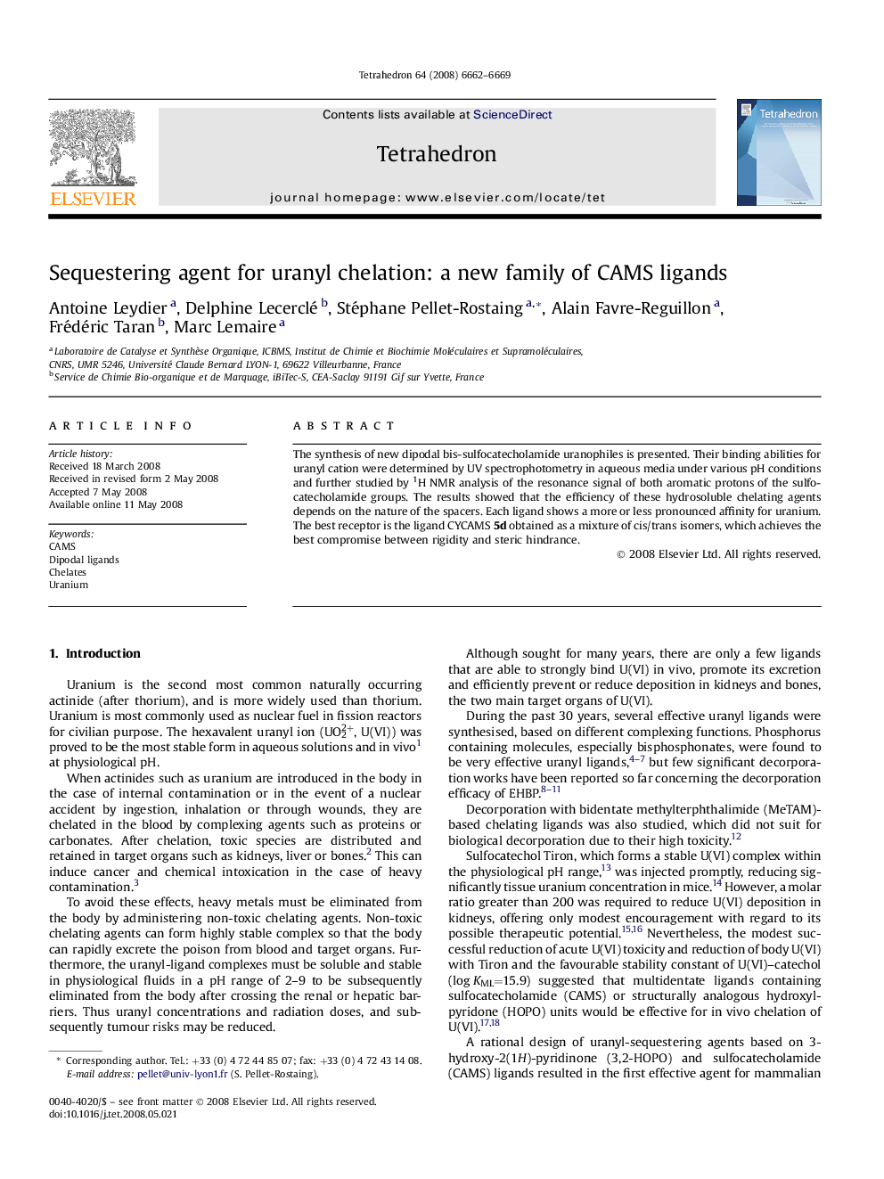 Sequestering agent for uranyl chelation: a new family of CAMS ligands