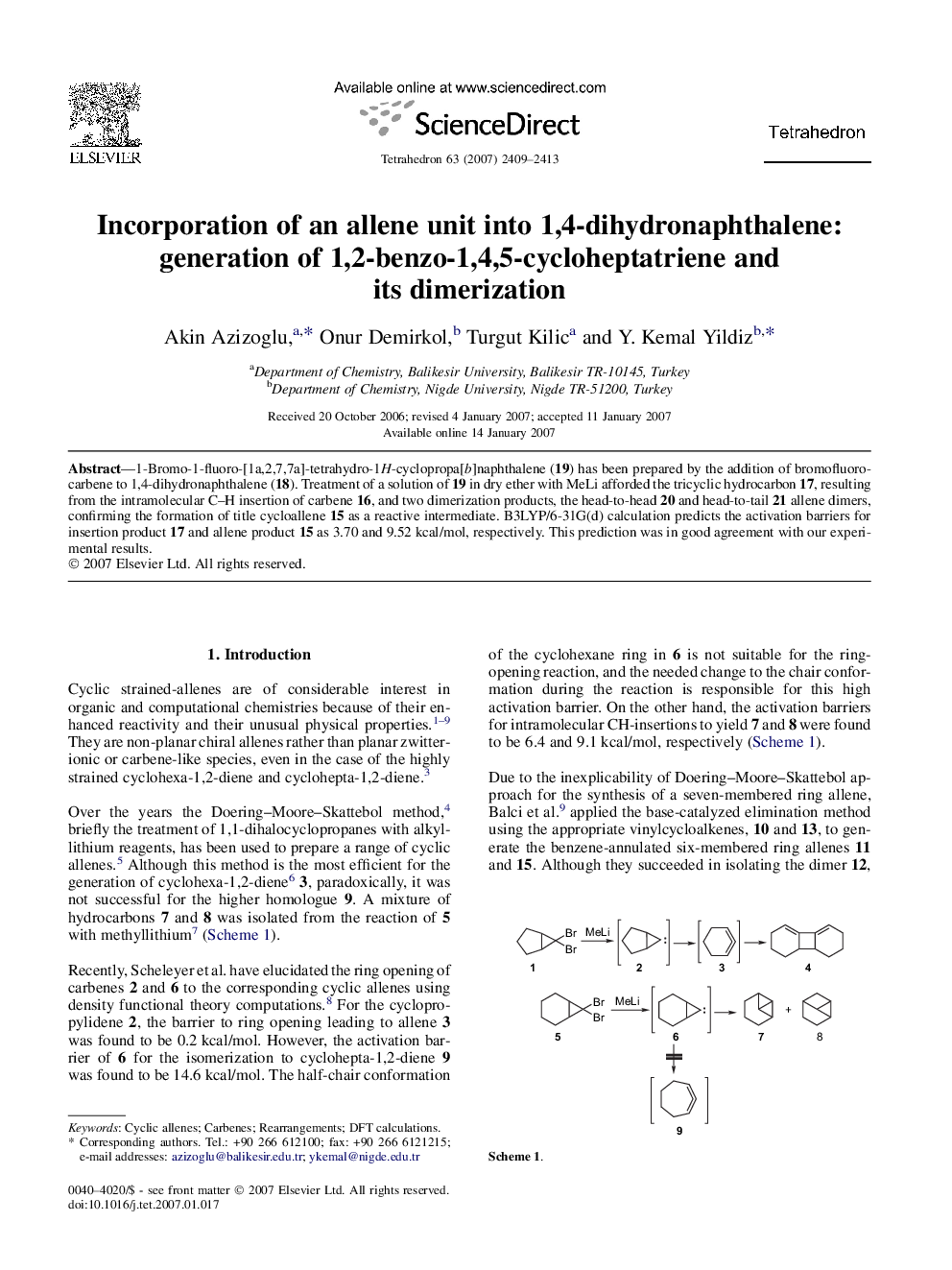 Incorporation of an allene unit into 1,4-dihydronaphthalene: generation of 1,2-benzo-1,4,5-cycloheptatriene and its dimerization