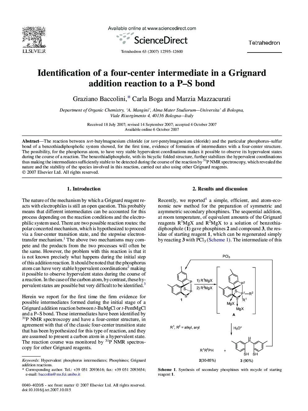 Identification of a four-center intermediate in a Grignard addition reaction to a P-S bond