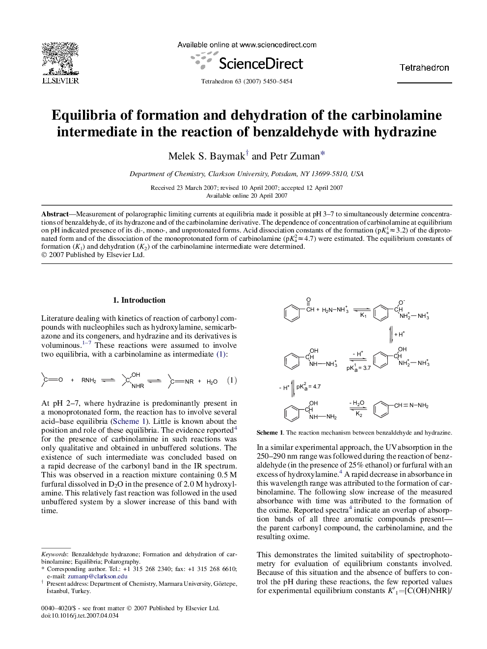Equilibria of formation and dehydration of the carbinolamine intermediate in the reaction of benzaldehyde with hydrazine