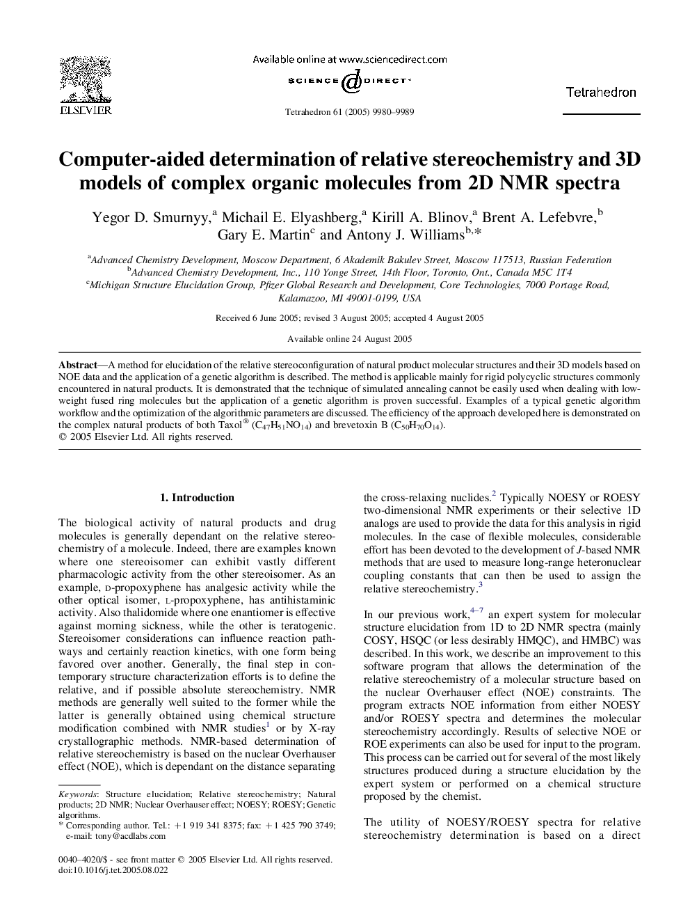 Computer-aided determination of relative stereochemistry and 3D models of complex organic molecules from 2D NMR spectra
