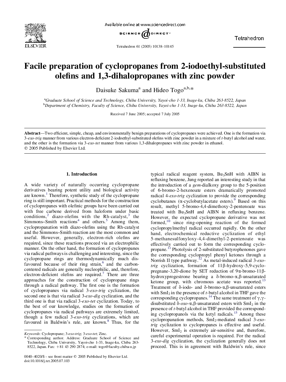 Facile preparation of cyclopropanes from 2-iodoethyl-substituted olefins and 1,3-dihalopropanes with zinc powder