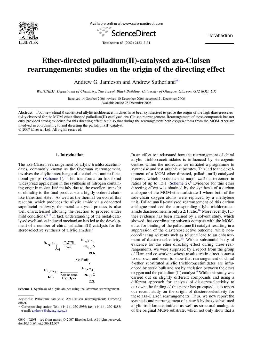 Ether-directed palladium(II)-catalysed aza-Claisen rearrangements: studies on the origin of the directing effect