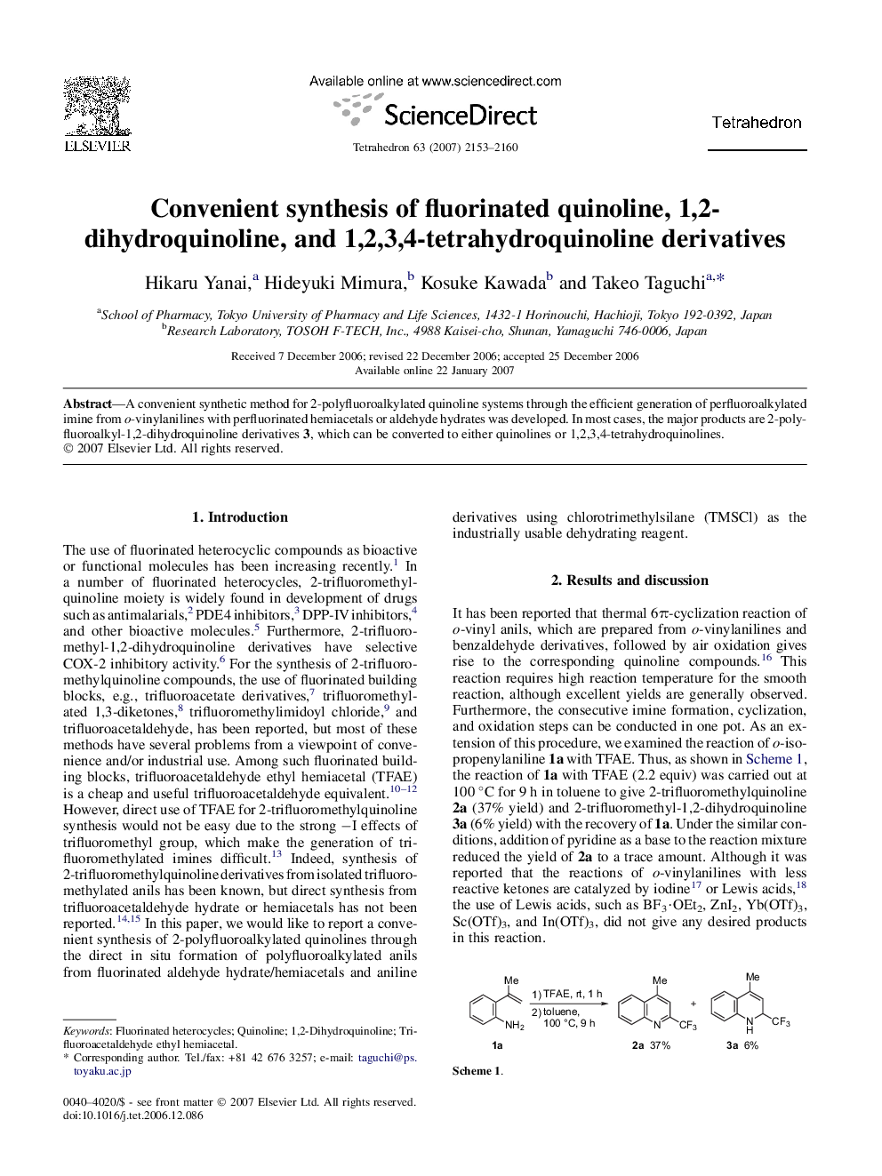 Convenient synthesis of fluorinated quinoline, 1,2-dihydroquinoline, and 1,2,3,4-tetrahydroquinoline derivatives