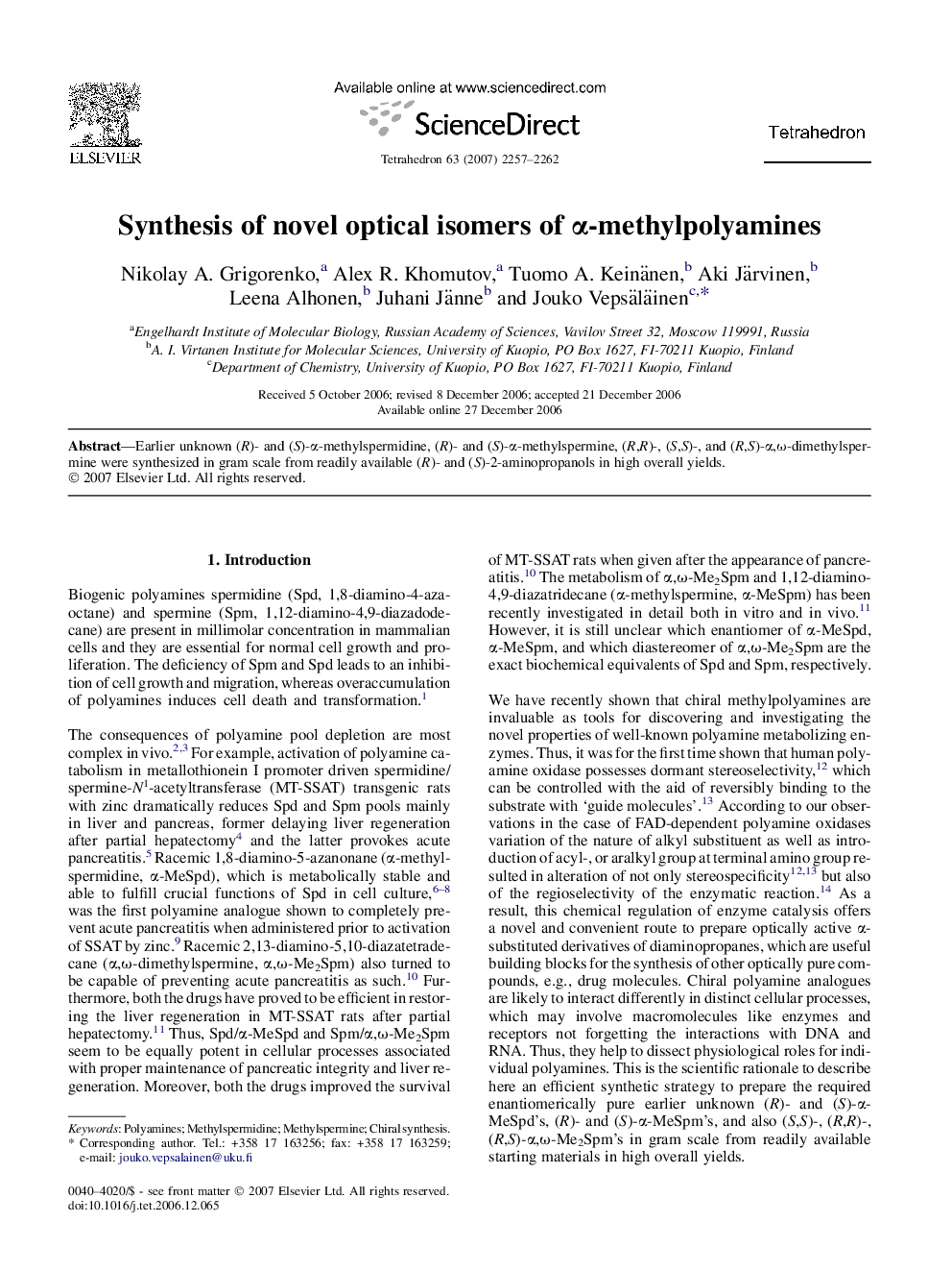 Synthesis of novel optical isomers of Î±-methylpolyamines