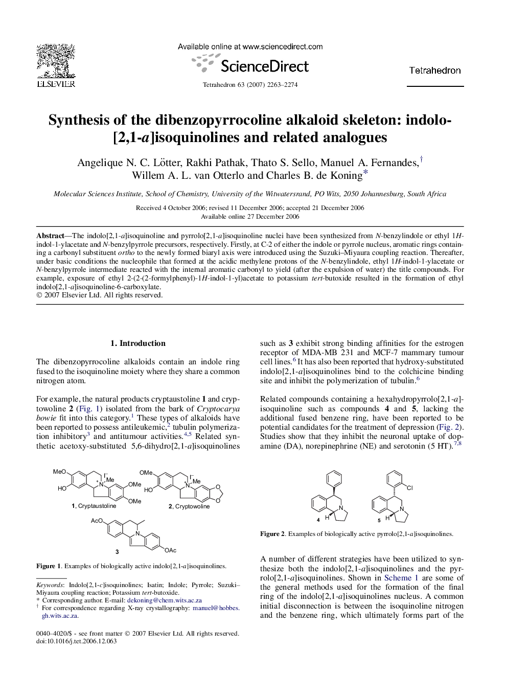 Synthesis of the dibenzopyrrocoline alkaloid skeleton: indolo[2,1-a]isoquinolines and related analogues