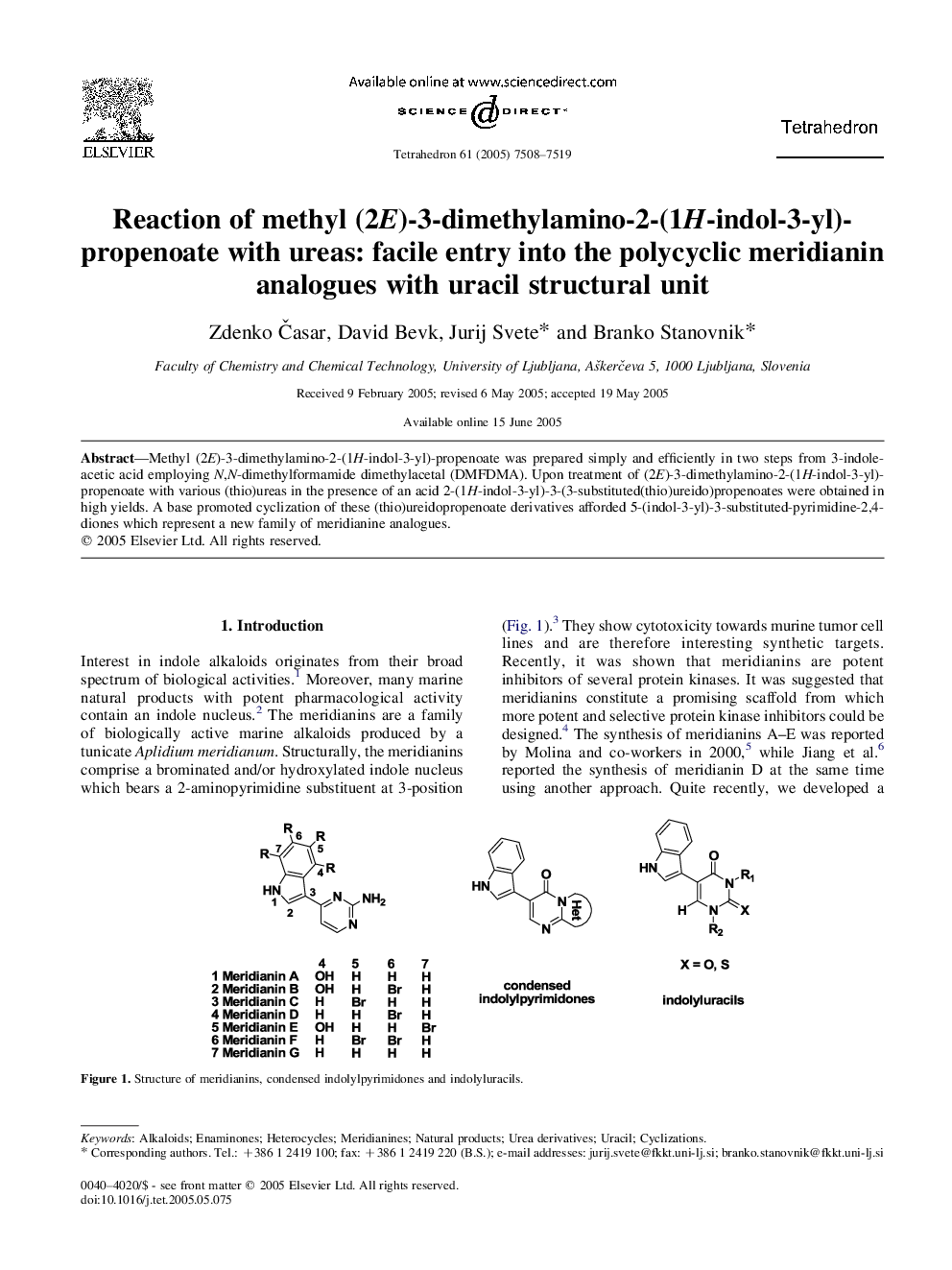 Reaction of methyl (2E)-3-dimethylamino-2-(1H-indol-3-yl)-propenoate with ureas: facile entry into the polycyclic meridianin analogues with uracil structural unit