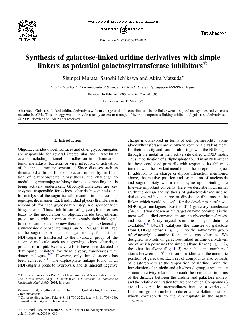 Synthesis of galactose-linked uridine derivatives with simple linkers as potential galactosyltransferase inhibitors