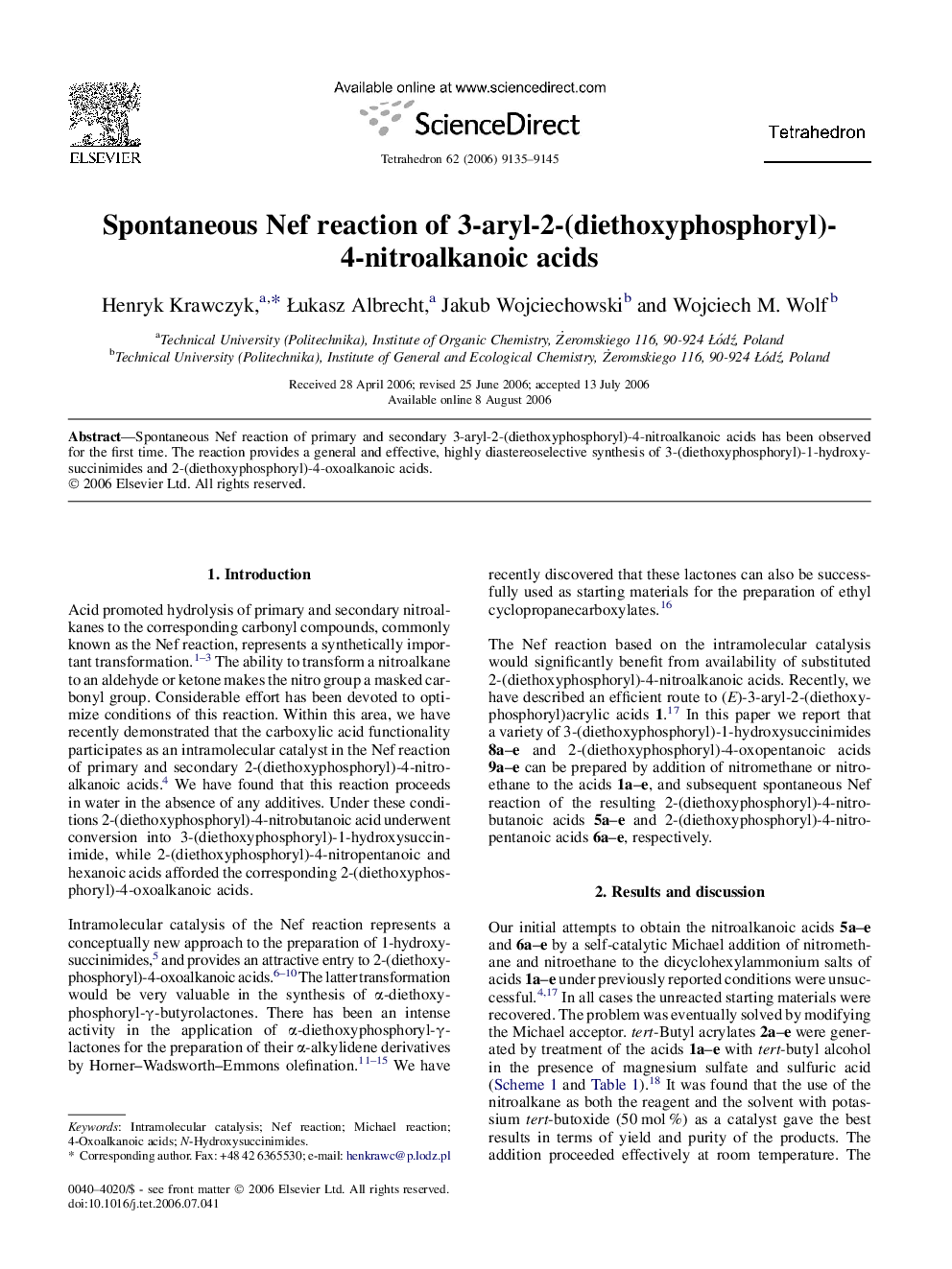 Spontaneous Nef reaction of 3-aryl-2-(diethoxyphosphoryl)-4-nitroalkanoic acids