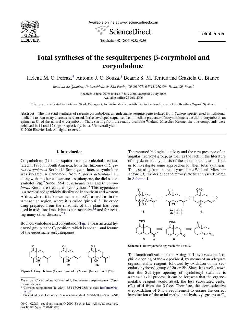 Total syntheses of the sesquiterpenes Î²-corymbolol and corymbolone