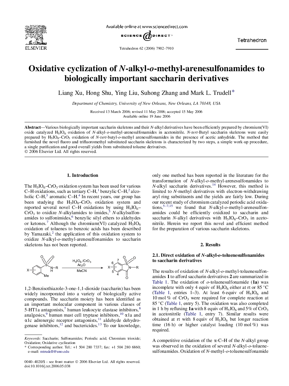 Oxidative cyclization of N-alkyl-o-methyl-arenesulfonamides to biologically important saccharin derivatives