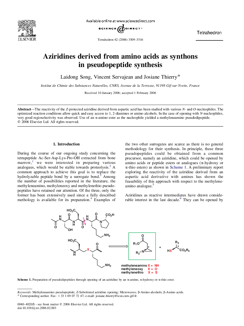 Aziridines derived from amino acids as synthons in pseudopeptide synthesis