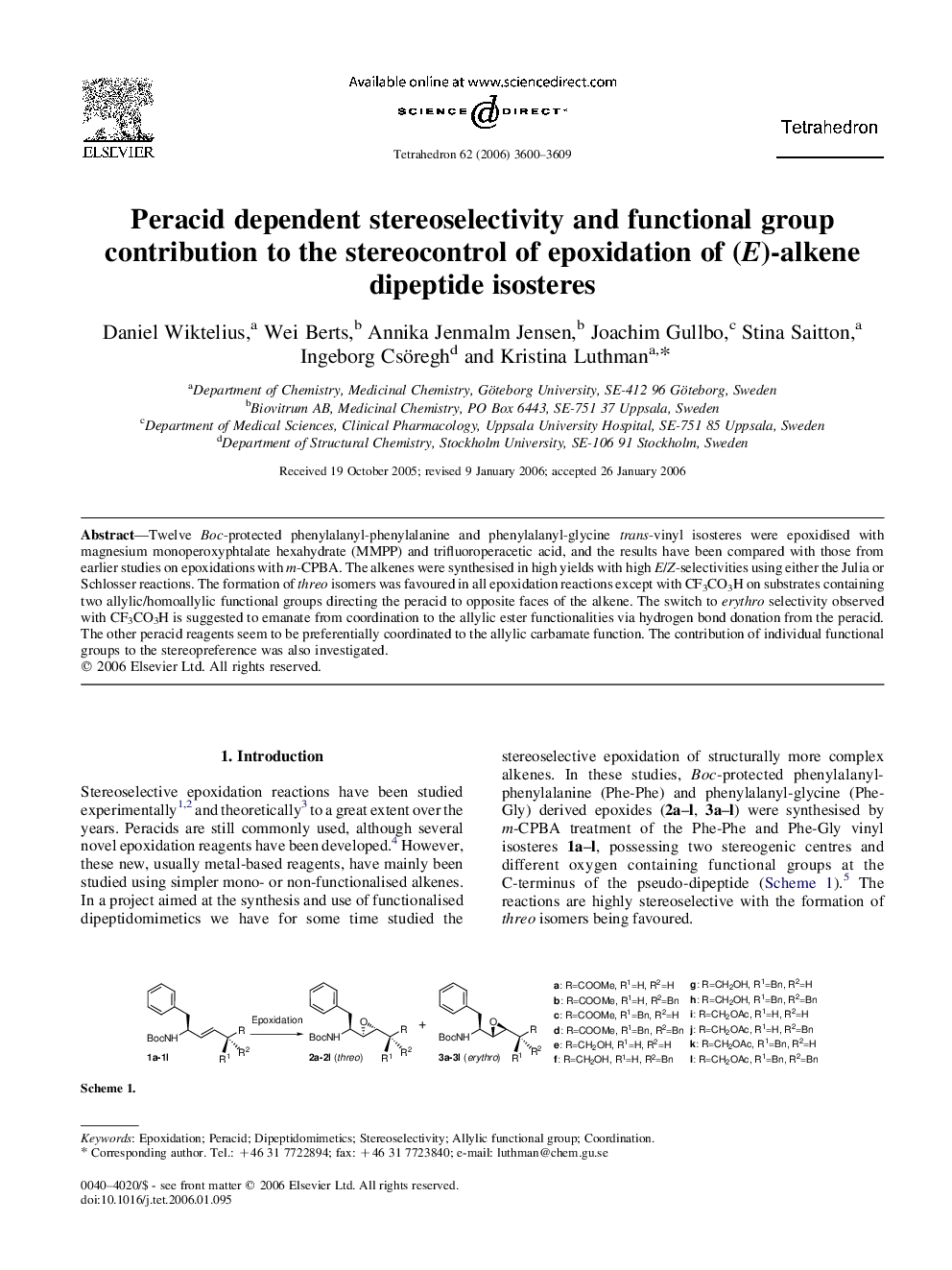 Peracid dependent stereoselectivity and functional group contribution to the stereocontrol of epoxidation of (E)-alkene dipeptide isosteres