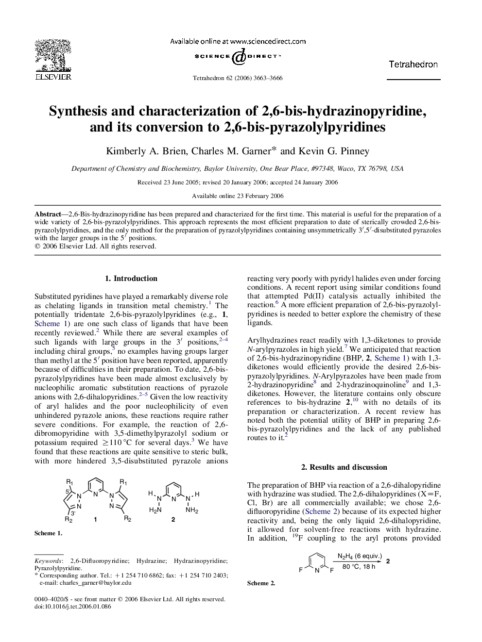 Synthesis and characterization of 2,6-bis-hydrazinopyridine, and its conversion to 2,6-bis-pyrazolylpyridines