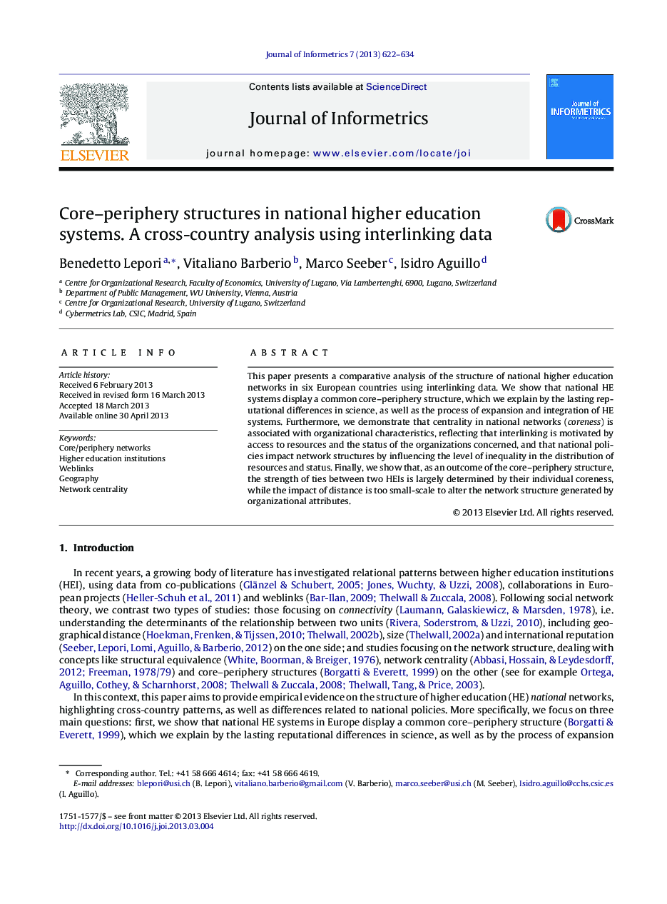 Core–periphery structures in national higher education systems. A cross-country analysis using interlinking data