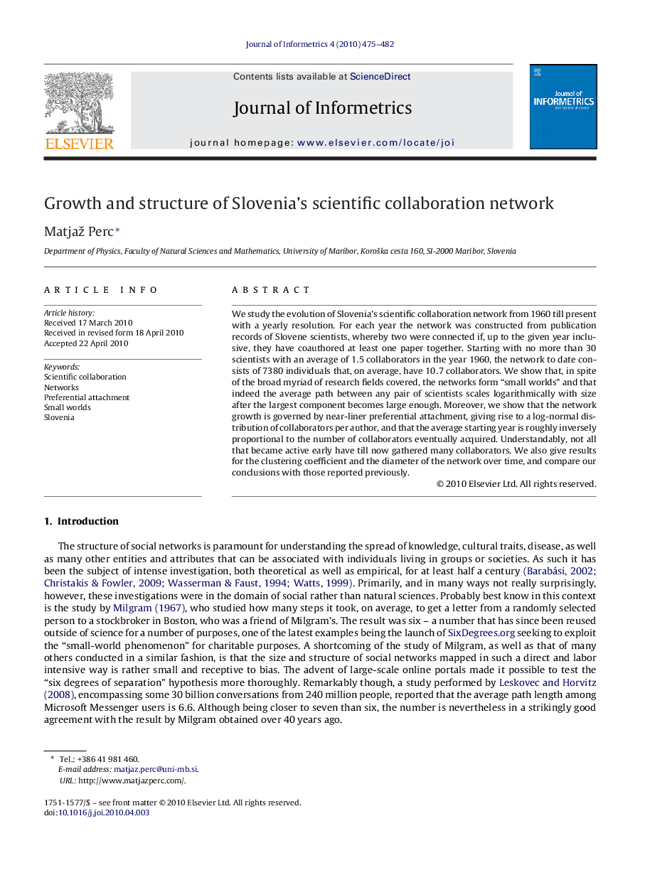 Growth and structure of Slovenia’s scientific collaboration network