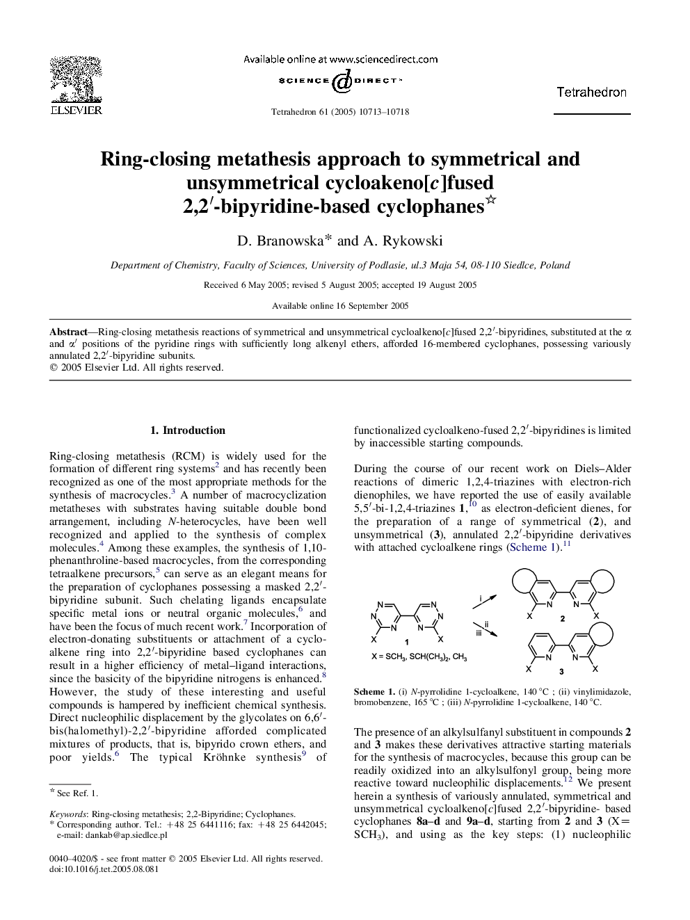 Ring-closing metathesis approach to symmetrical and unsymmetrical cycloakeno[c]fused 2,2â²-bipyridine-based cyclophanes