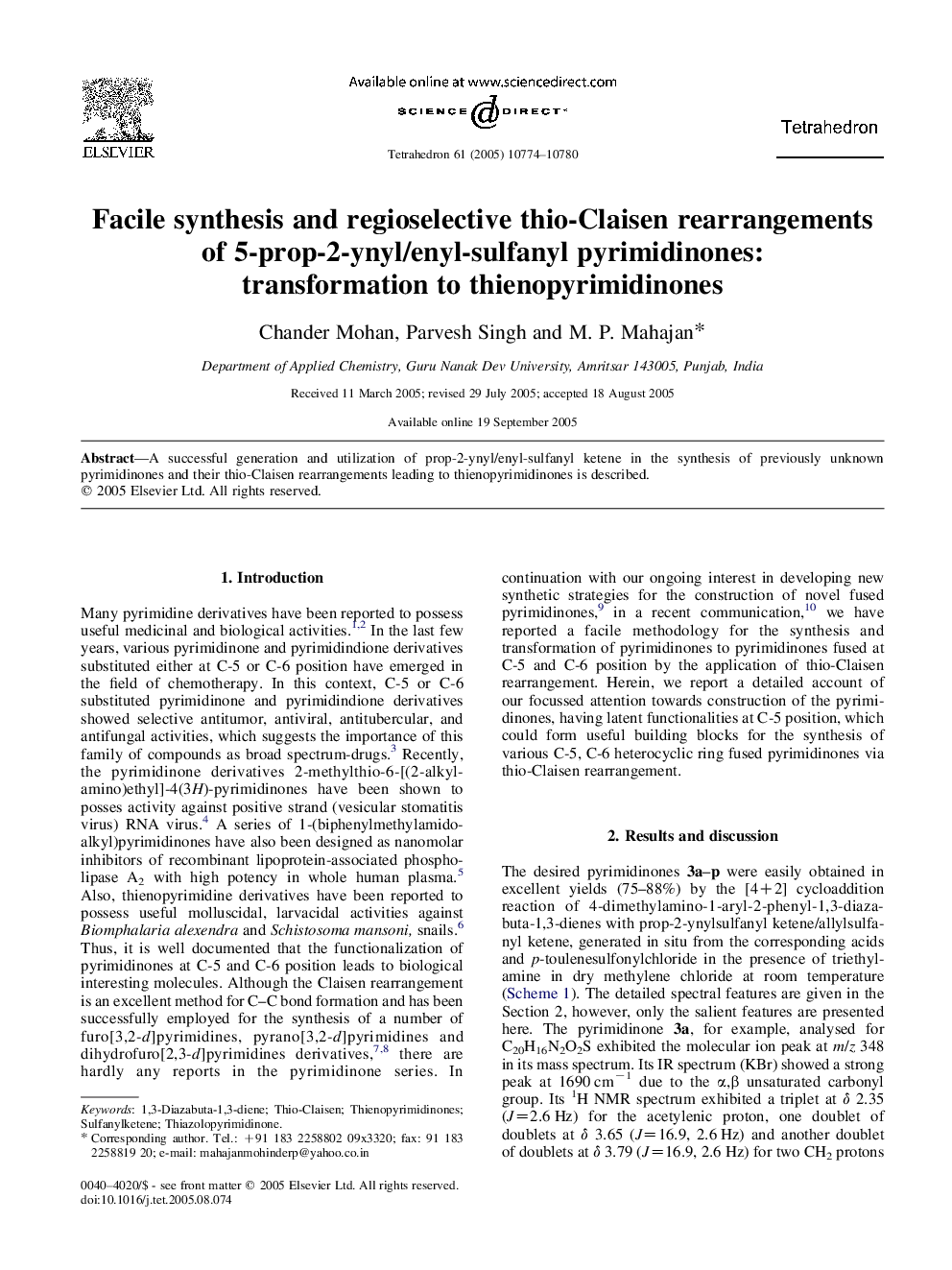 Facile synthesis and regioselective thio-Claisen rearrangements of 5-prop-2-ynyl/enyl-sulfanyl pyrimidinones: transformation to thienopyrimidinones