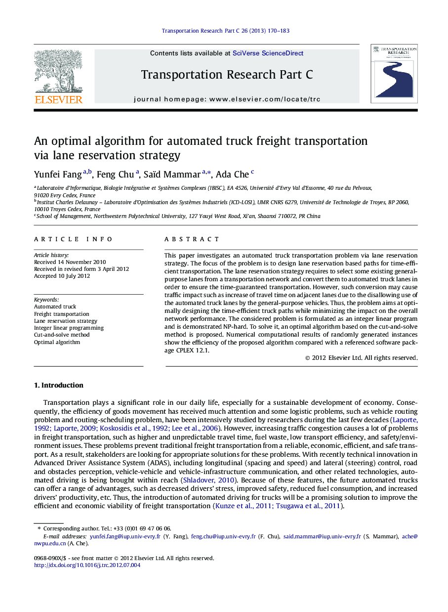 An optimal algorithm for automated truck freight transportation via lane reservation strategy