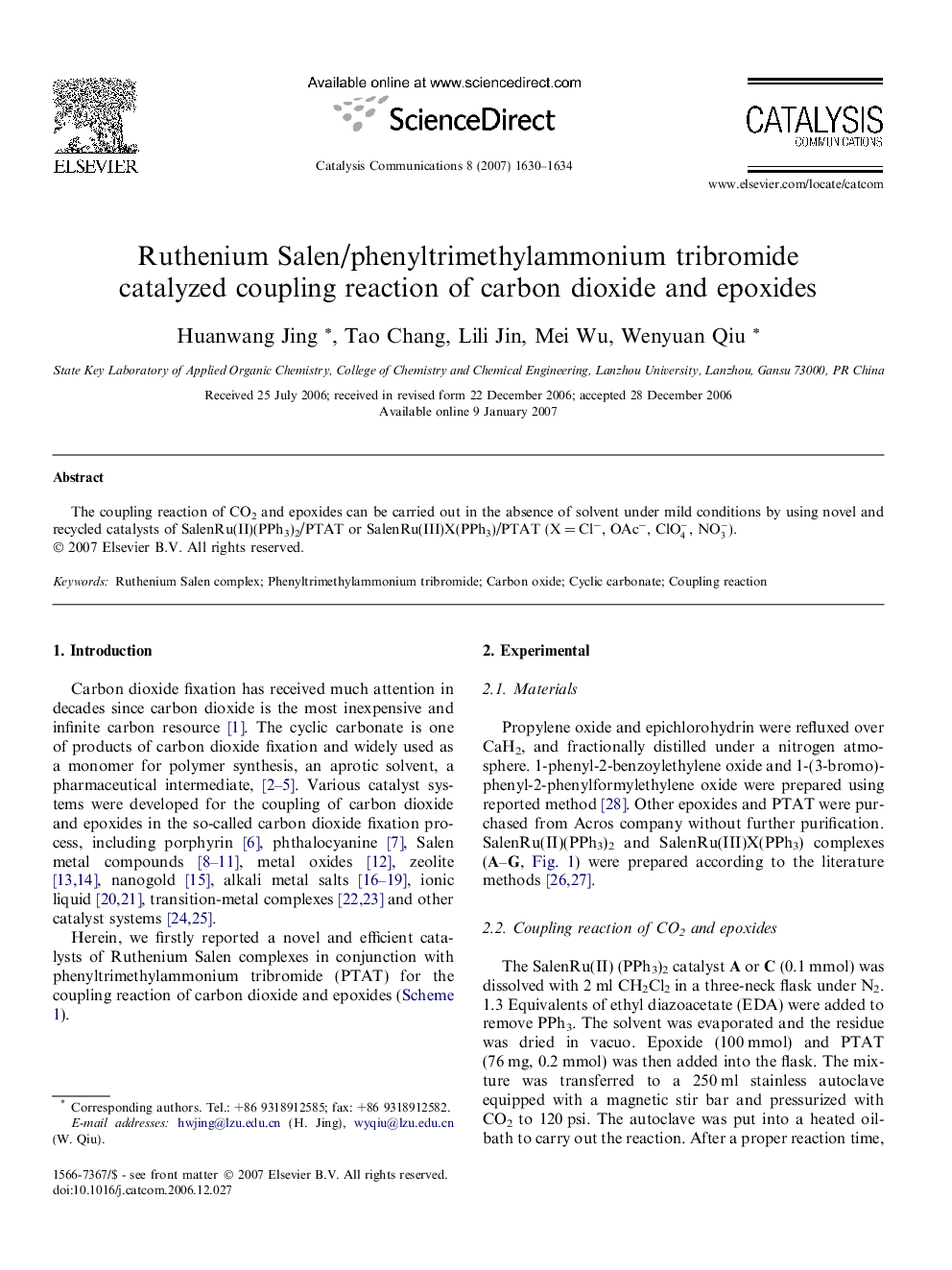 Ruthenium Salen/phenyltrimethylammonium tribromide catalyzed coupling reaction of carbon dioxide and epoxides