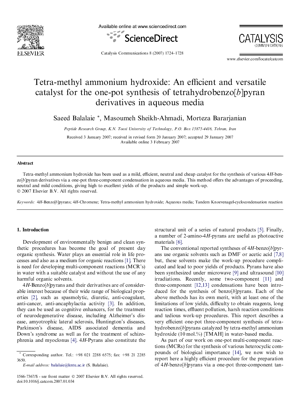 Tetra-methyl ammonium hydroxide: An efficient and versatile catalyst for the one-pot synthesis of tetrahydrobenzo[b]pyran derivatives in aqueous media