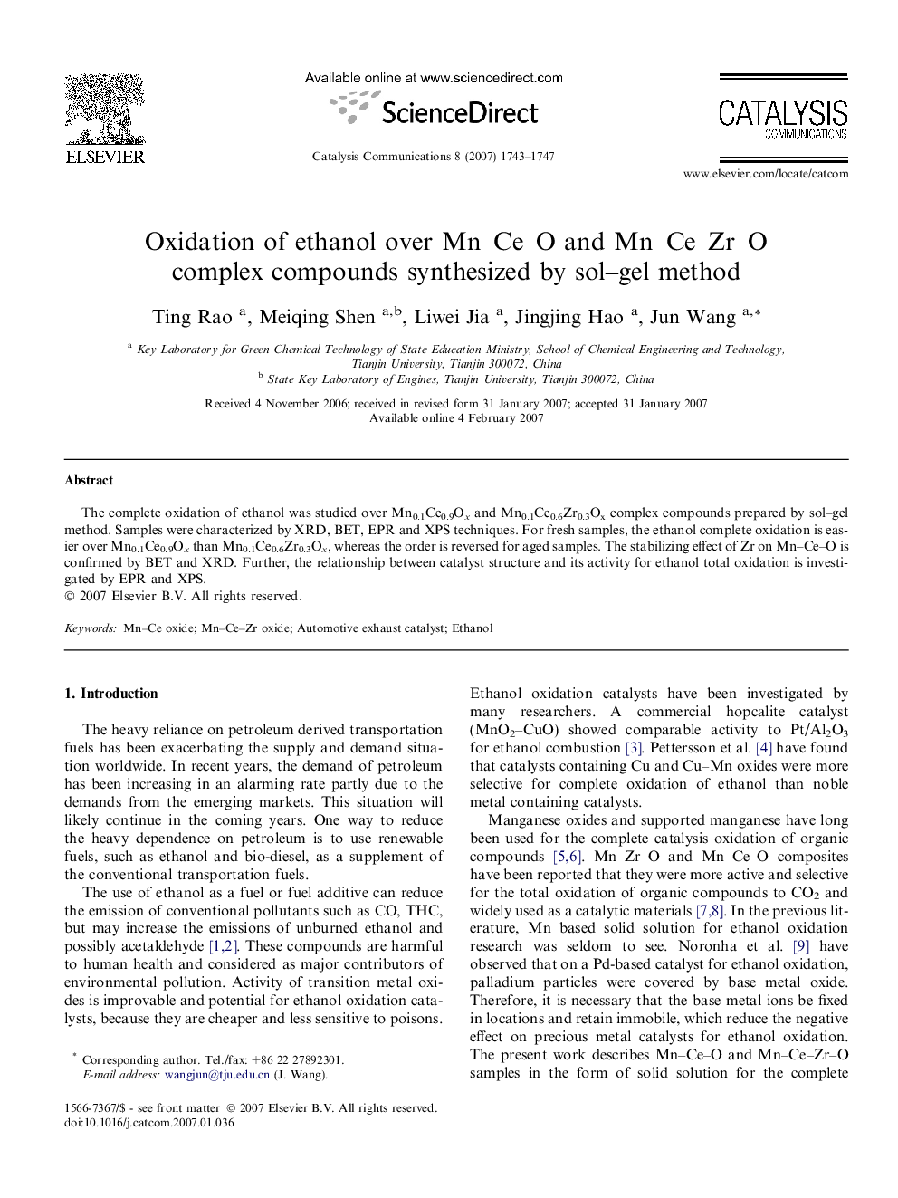 Oxidation of ethanol over Mn–Ce–O and Mn–Ce–Zr–O complex compounds synthesized by sol–gel method