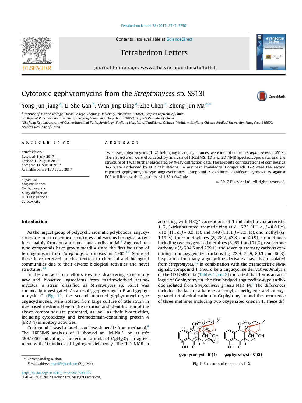 Cytotoxic gephyromycins from the Streptomyces sp. SS13I