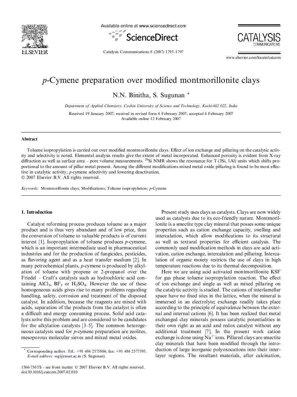 p-Cymene preparation over modified montmorillonite clays