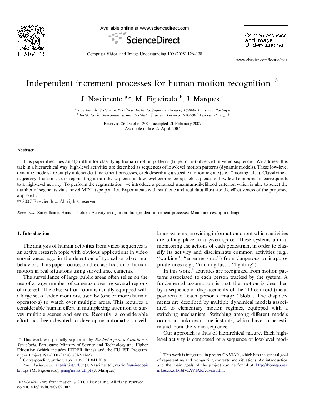 Independent increment processes for human motion recognition