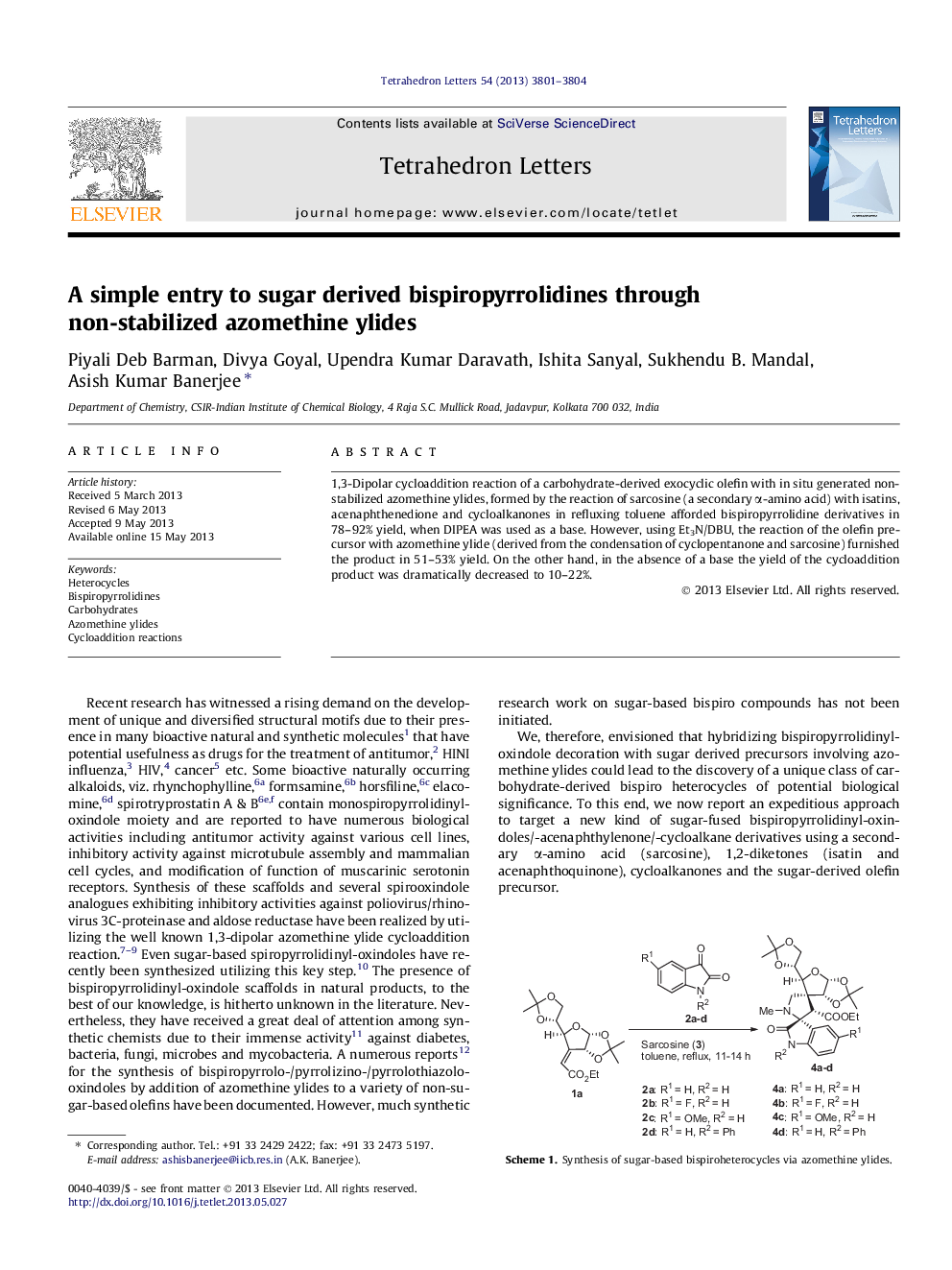 ورودی ساده به بیسپیروپروترولیدین های شکر به وسیله آسومتیل هاییدید غیر تثبیت شده 