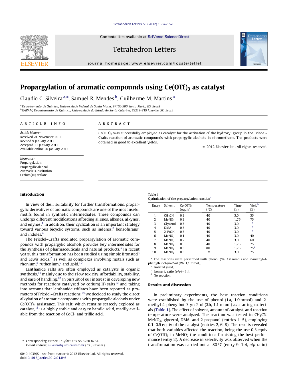 Propargylation of aromatic compounds using Ce(OTf)3 as catalyst
