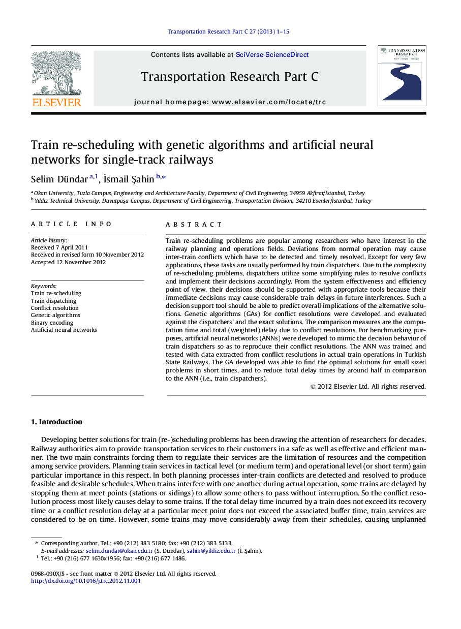 Train re-scheduling with genetic algorithms and artificial neural networks for single-track railways