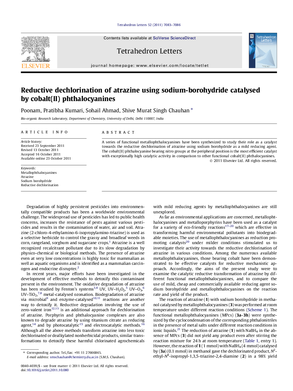 Reductive dechlorination of atrazine using sodium-borohydride catalysed by cobalt(II) phthalocyanines