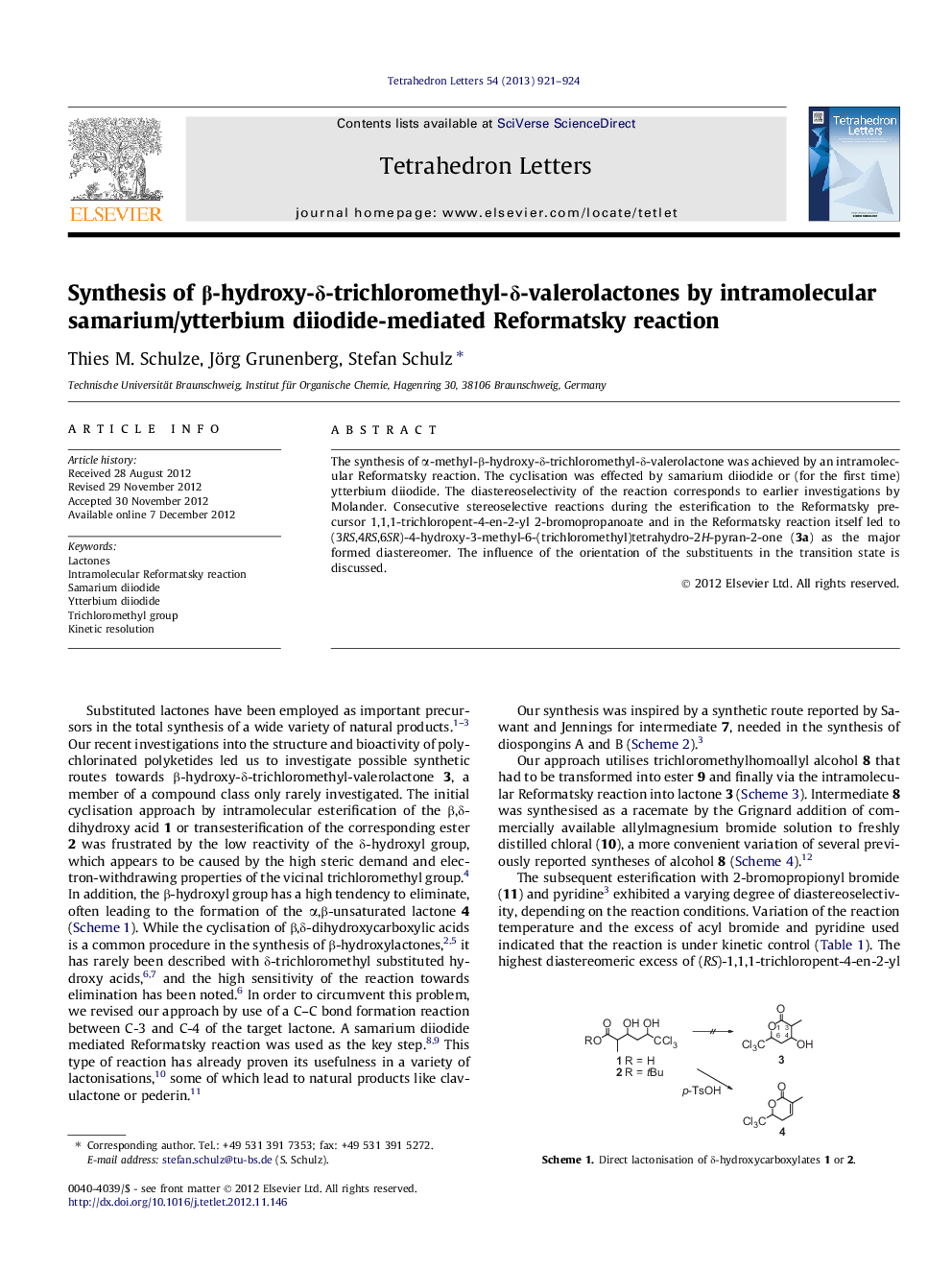 Synthesis of Î²-hydroxy-Î´-trichloromethyl-Î´-valerolactones by intramolecular samarium/ytterbium diiodide-mediated Reformatsky reaction