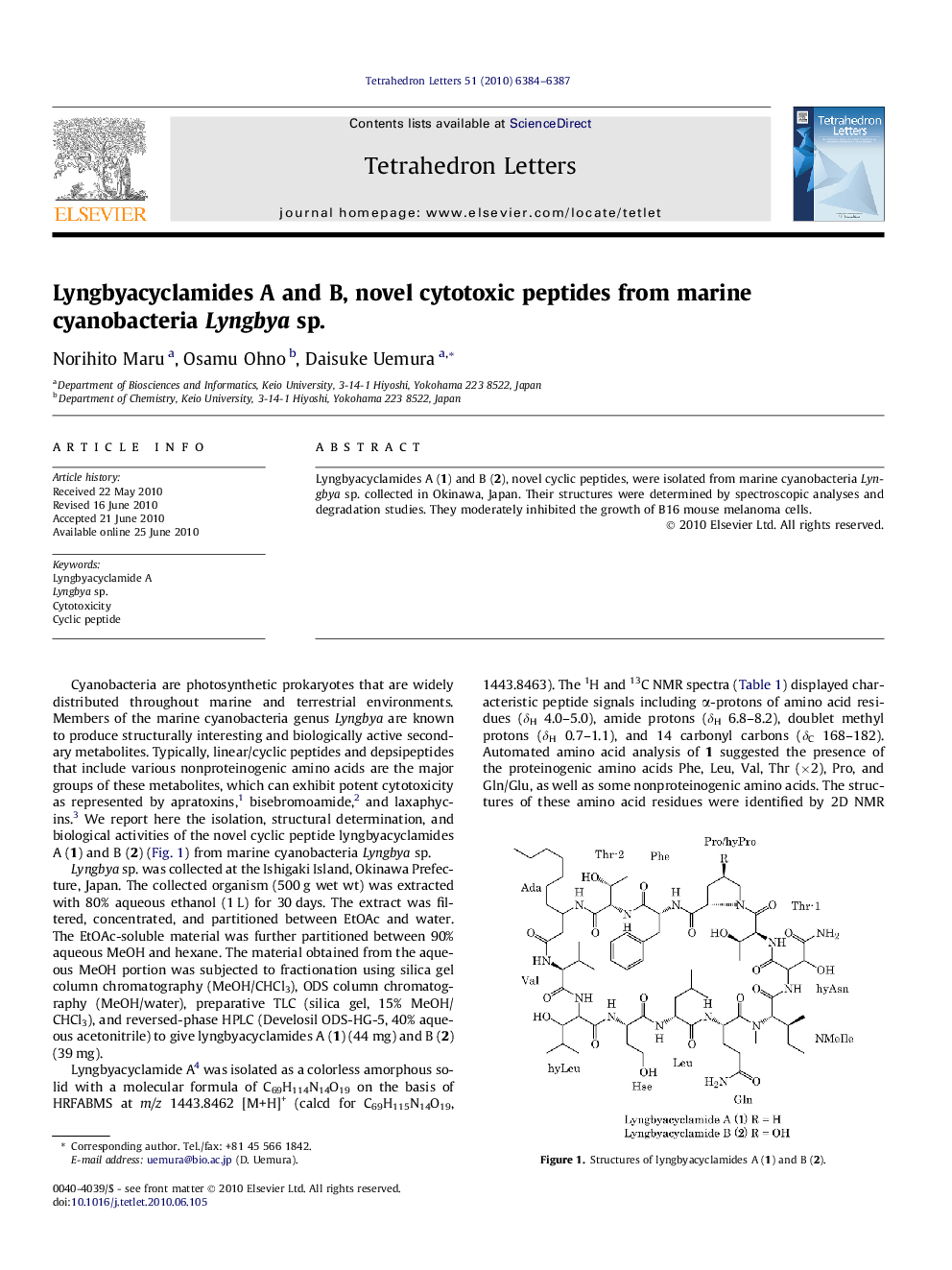 Lyngbyacyclamides A and B, novel cytotoxic peptides from marine cyanobacteria Lyngbya sp.