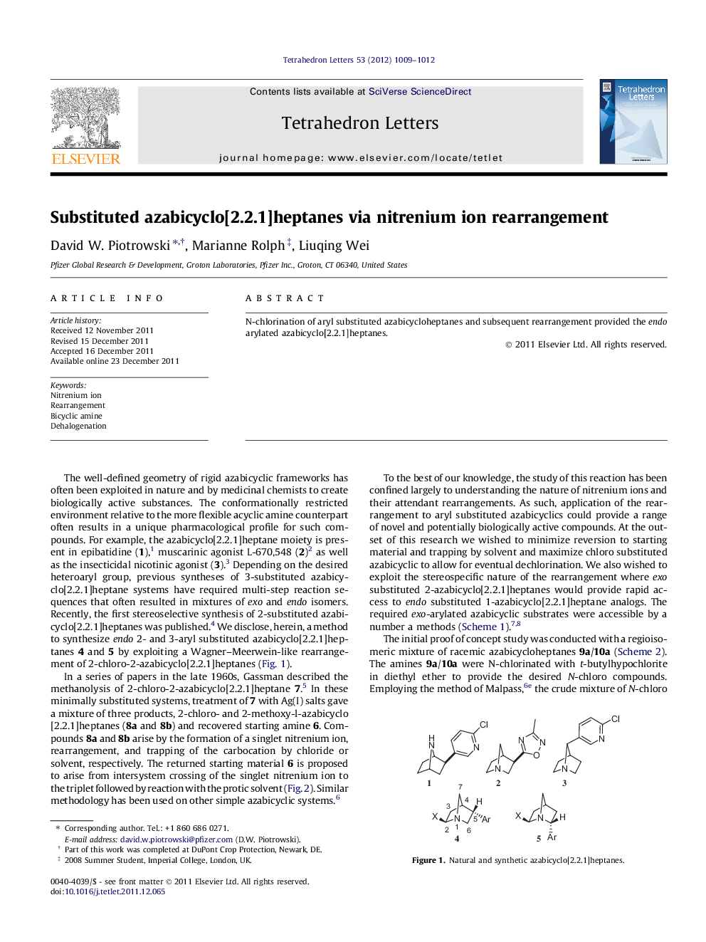 Substituted azabicyclo[2.2.1]heptanes via nitrenium ion rearrangement
