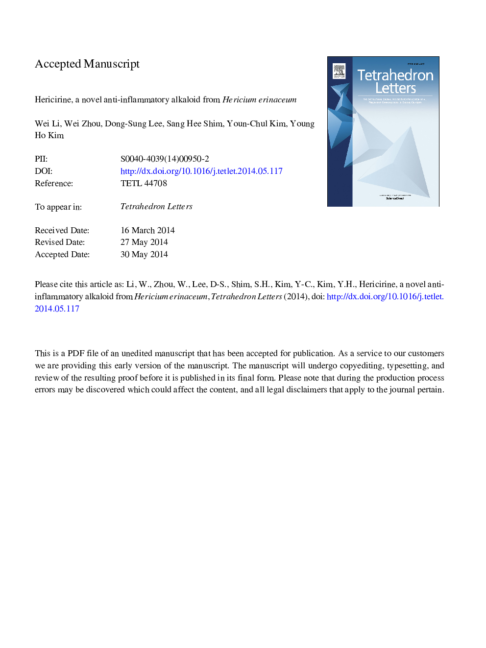 Hericirine, a novel anti-inflammatory alkaloid from Hericium erinaceum