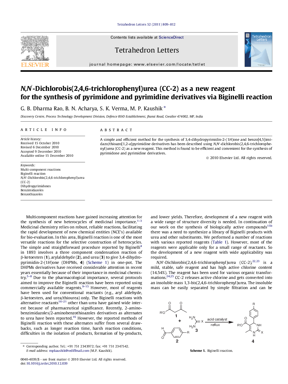 N,Nâ²-Dichlorobis(2,4,6-trichlorophenyl)urea (CC-2) as a new reagent for the synthesis of pyrimidone and pyrimidine derivatives via Biginelli reaction