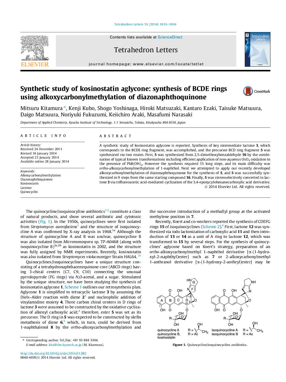 Synthetic study of kosinostatin aglycone: synthesis of BCDE rings using alkoxycarbonylmethylation of diazonaphthoquinone