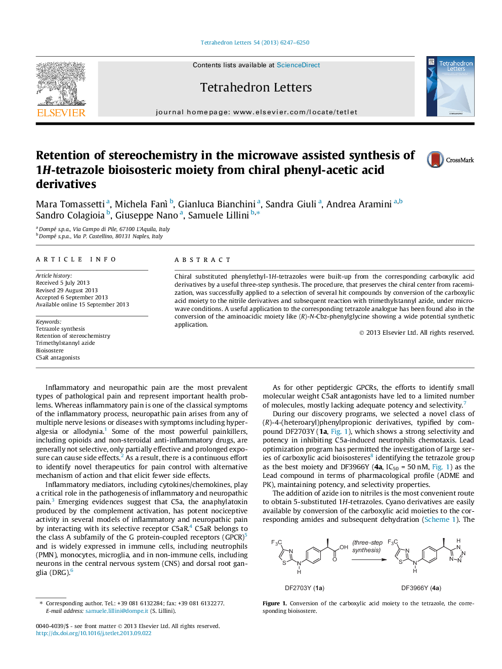 Retention of stereochemistry in the microwave assisted synthesis of 1H-tetrazole bioisosteric moiety from chiral phenyl-acetic acid derivatives