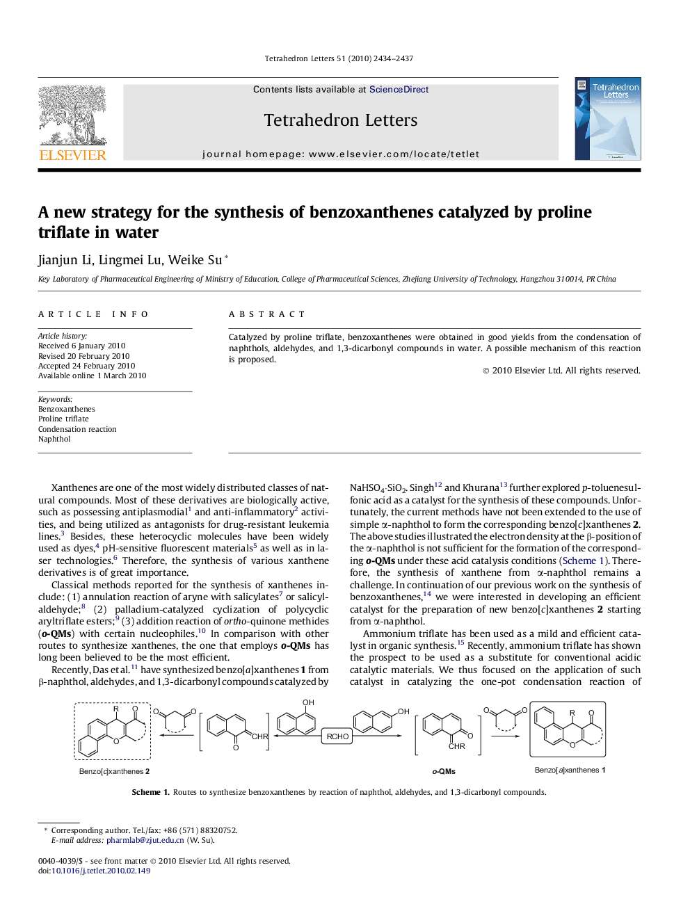 A new strategy for the synthesis of benzoxanthenes catalyzed by proline triflate in water