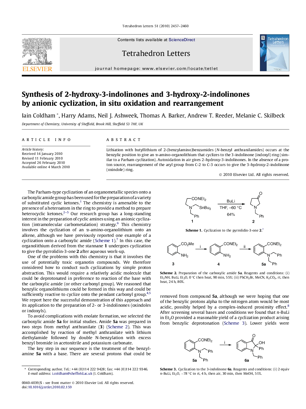 Synthesis of 2-hydroxy-3-indolinones and 3-hydroxy-2-indolinones by anionic cyclization, in situ oxidation and rearrangement