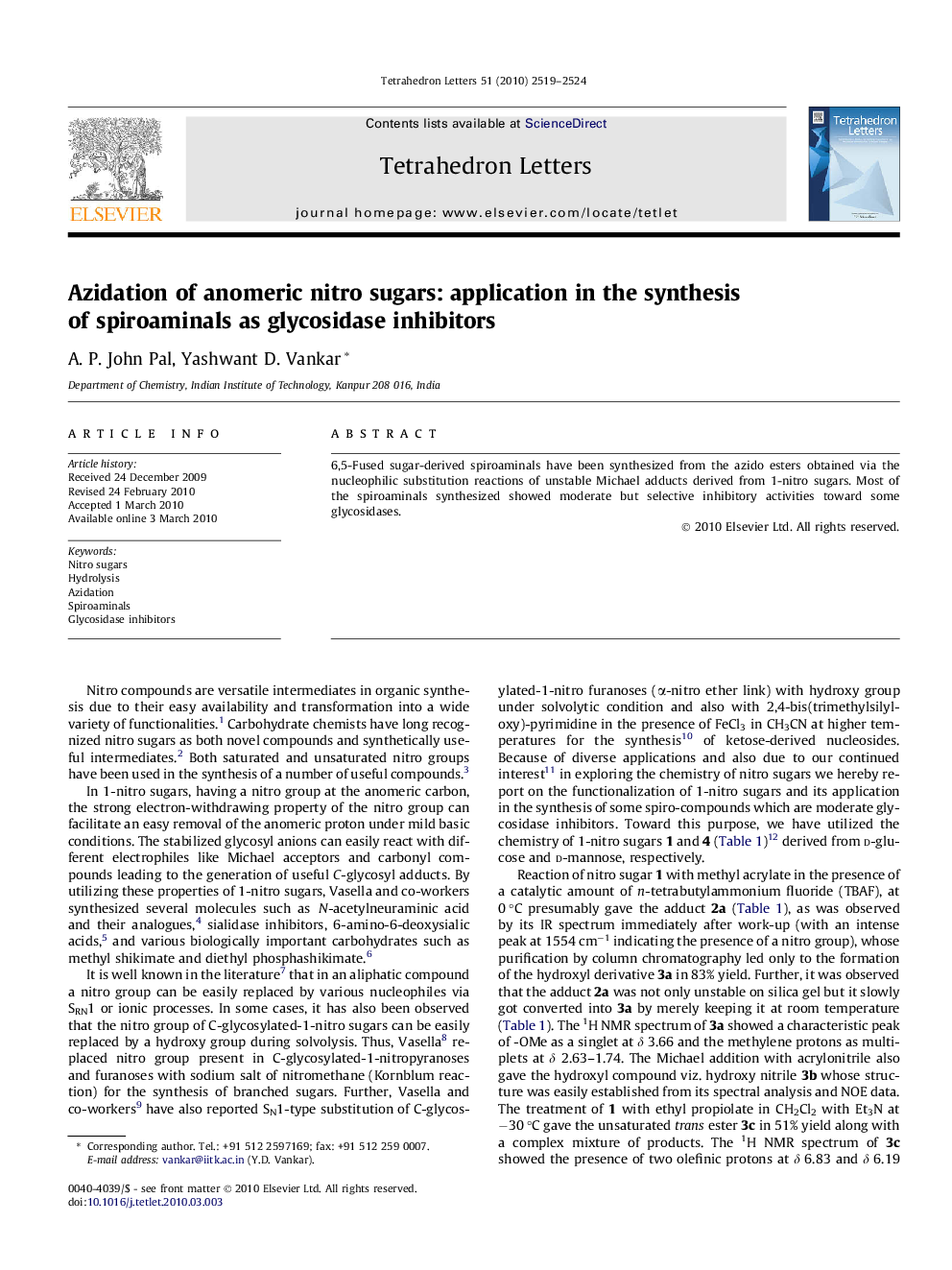 Azidation of anomeric nitro sugars: application in the synthesis of spiroaminals as glycosidase inhibitors