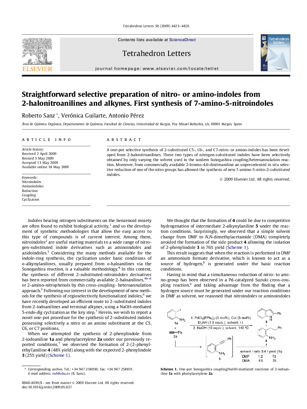 Straightforward selective preparation of nitro- or amino-indoles from 2-halonitroanilines and alkynes. First synthesis of 7-amino-5-nitroindoles