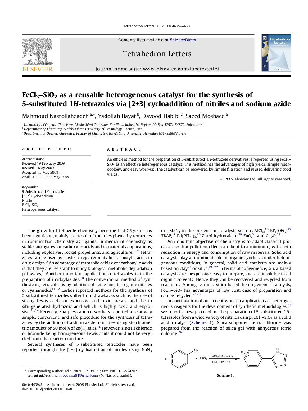 FeCl3-SiO2 as a reusable heterogeneous catalyst for the synthesis of 5-substituted 1H-tetrazoles via [2+3] cycloaddition of nitriles and sodium azide