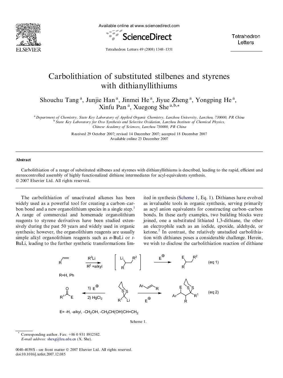 Carbolithiation of substituted stilbenes and styrenes with dithianyllithiums