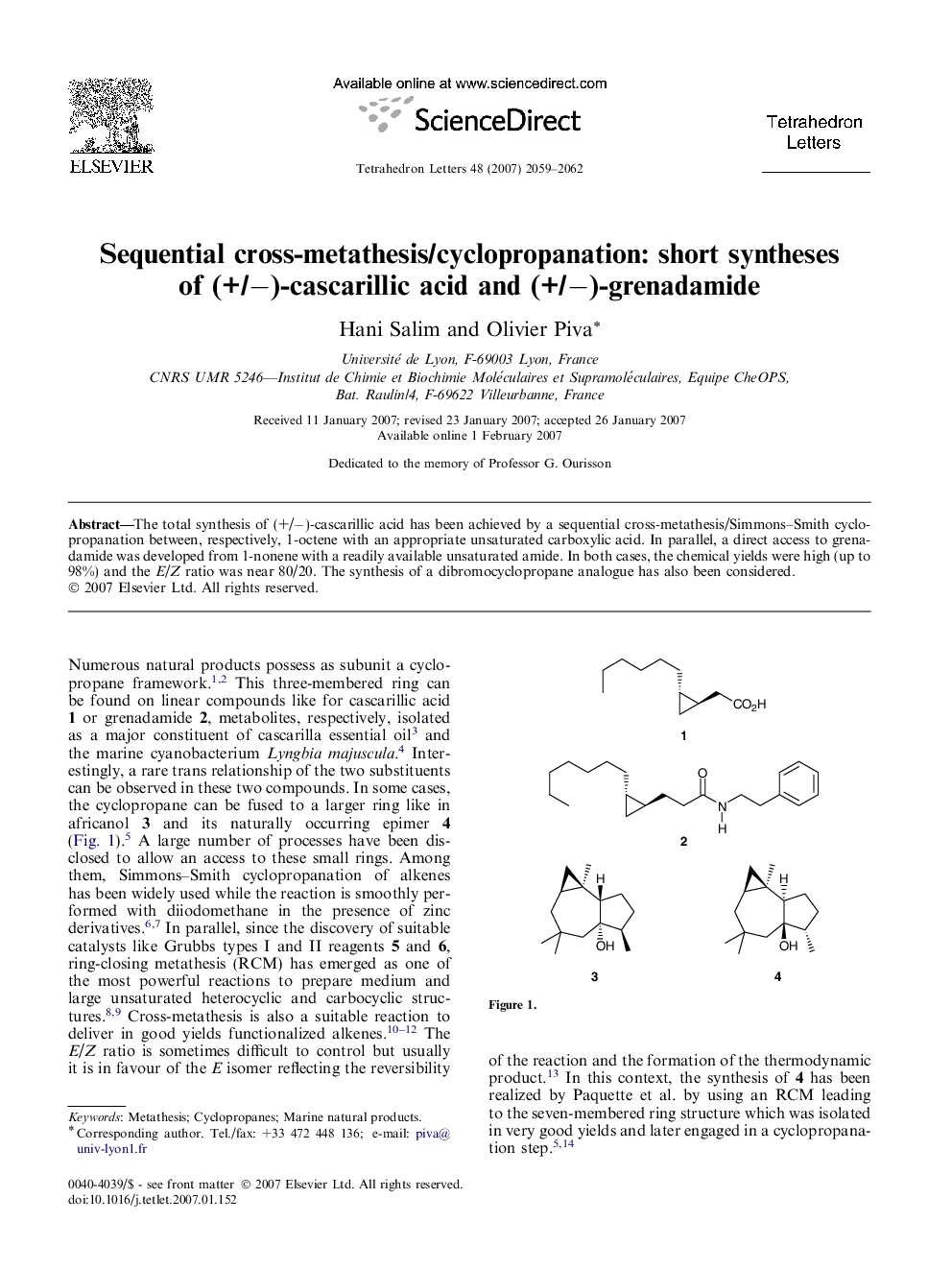 Sequential cross-metathesis/cyclopropanation: short syntheses of (+/â)-cascarillic acid and (+/â)-grenadamide