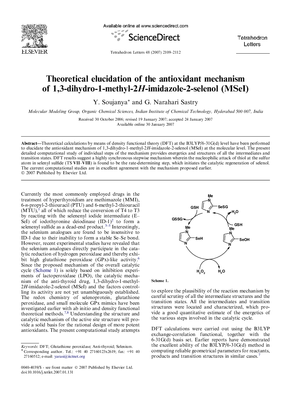 Theoretical elucidation of the antioxidant mechanism of 1,3-dihydro-1-methyl-2H-imidazole-2-selenol (MSeI)