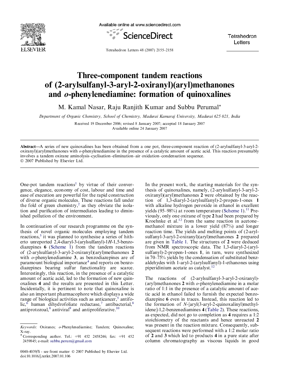 Three-component tandem reactions of (2-arylsulfanyl-3-aryl-2-oxiranyl)(aryl)methanones and o-phenylenediamine: formation of quinoxalines