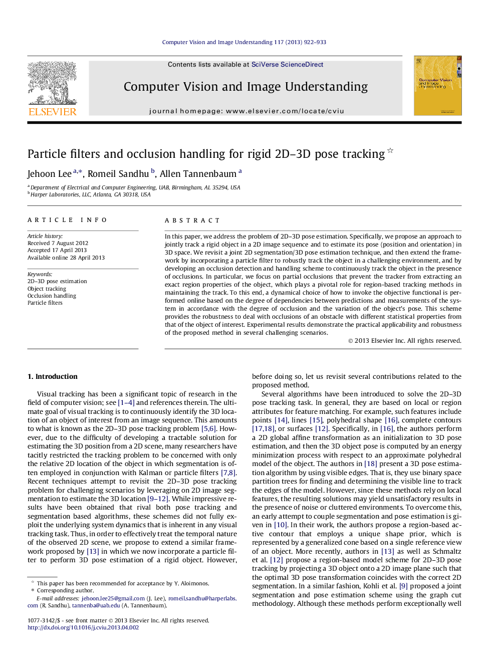 Particle filters and occlusion handling for rigid 2D–3D pose tracking 